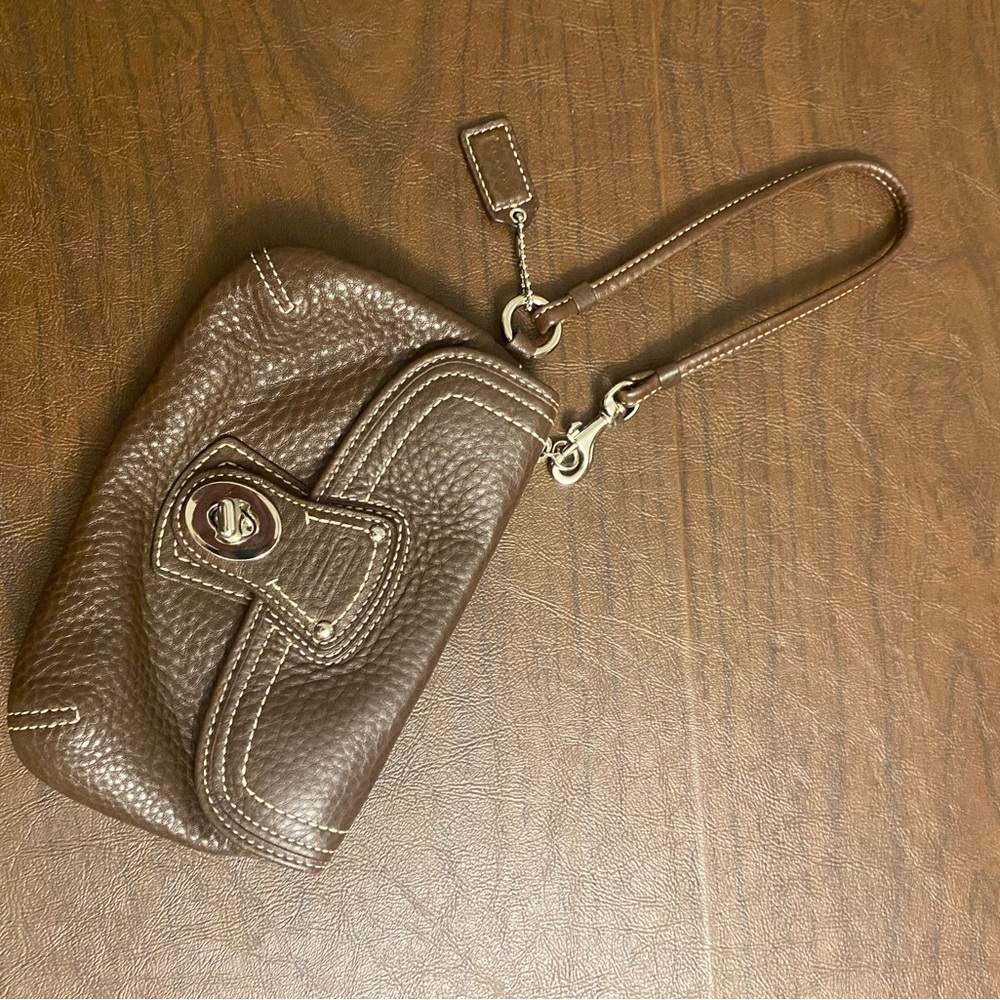 Coach Pebbled Leather Wristlet in Brown
